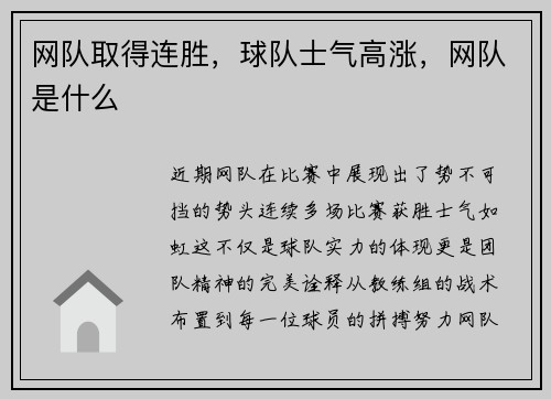 网队取得连胜，球队士气高涨，网队是什么