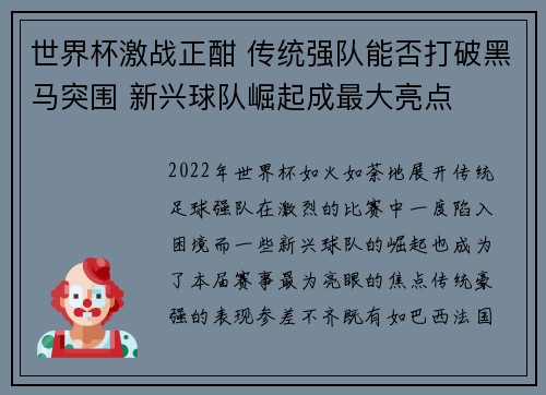 世界杯激战正酣 传统强队能否打破黑马突围 新兴球队崛起成最大亮点