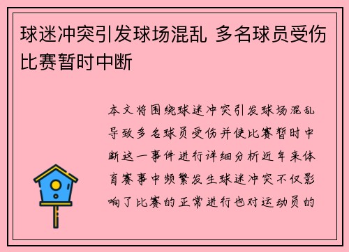 球迷冲突引发球场混乱 多名球员受伤比赛暂时中断