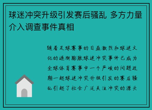 球迷冲突升级引发赛后骚乱 多方力量介入调查事件真相