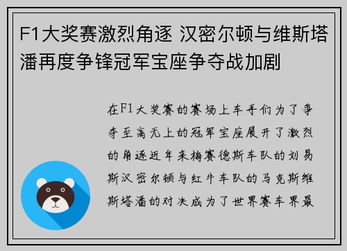 F1大奖赛激烈角逐 汉密尔顿与维斯塔潘再度争锋冠军宝座争夺战加剧